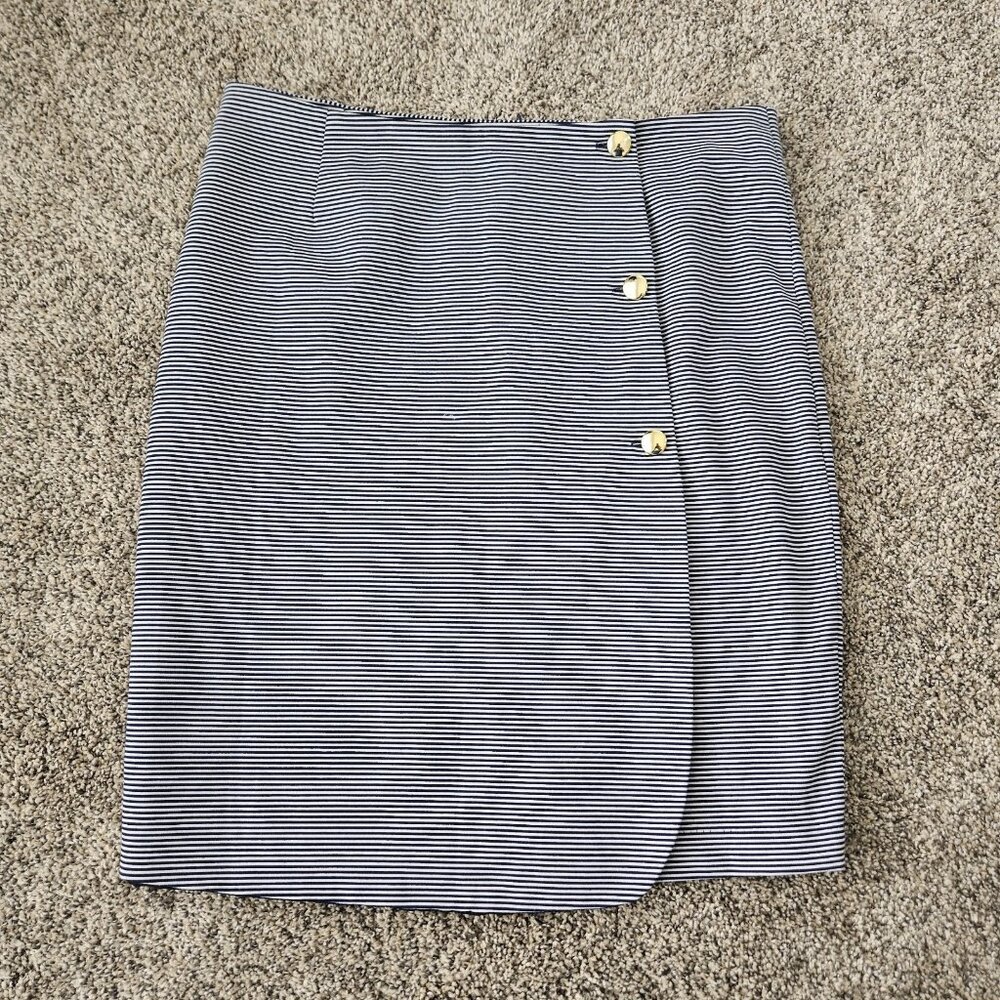 Women's Navy Stripe Overlap Stretch Skirt Sz Large Nautical Career Office Siren